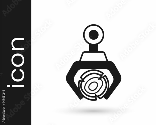 Black Grapple crane grabbed a log icon isolated on white background. Forest industry. Industrial crane for lumber trunk wood production. Vector