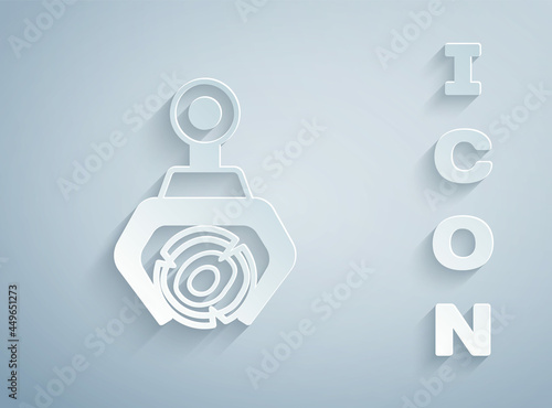 Paper cut Grapple crane grabbed a log icon isolated on grey background. Forest industry. Industrial crane for lumber trunk wood production. Paper art style. Vector
