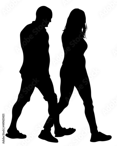 Young man and woman walking at street. Isolated silhouette on a white background