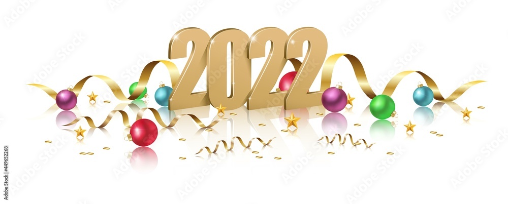 2022 Happy New Year design, illustration of 3d golden 2022 logo numbers with Christmas balls, NY celebration invitation on white background. 2022 Happy New Year design, illustration of 3d golden 2022 logo numbers with Christmas balls, NY celebration invitation on white background.