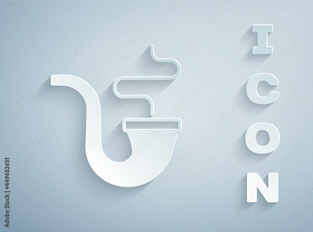 Paper cut Smoking pipe with smoke icon isolated on grey background. Tobacco pipe. Paper art style. Vector