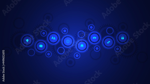 Information technology concept with infographic elements and flat icons. Cogs and gear wheel mechanisms. Hi-tech digital technology and engineering. Abstract technical background
