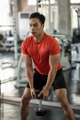 Muscle stong man exercise biceps in gym