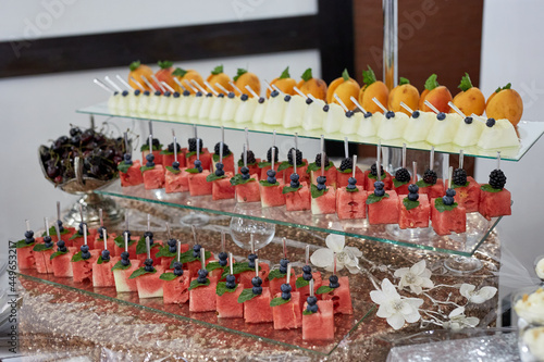 Different fruits and light appetizers provided during catered events. Close-up.