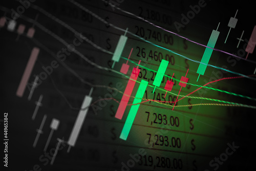 Abstract financial trading graphs and digital number of foreign exchange market trading on monitor. Background of gold and blue digital chart to represent stock market trend. photo