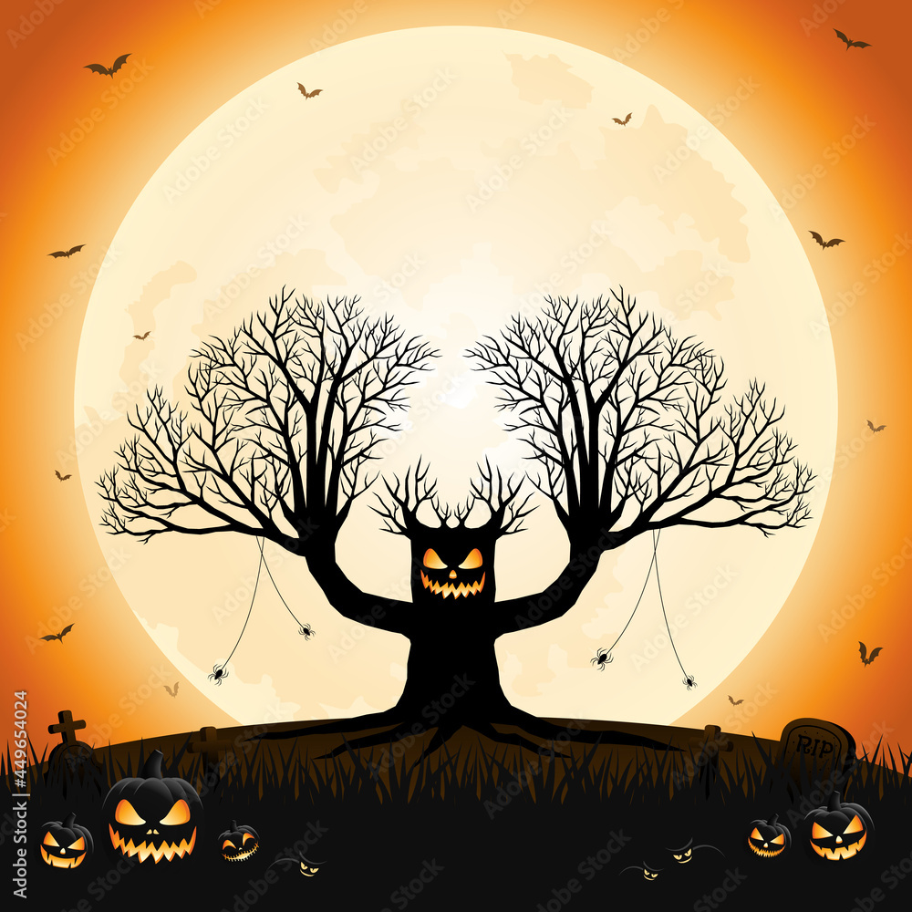 Halloween spooky tree and scary pumpkin faces with moonlight on orange background.