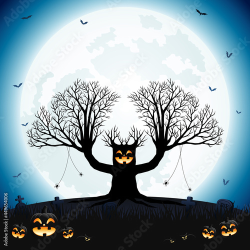 Halloween spooky tree and smiling pumpkin faces with moonlight on blue background.