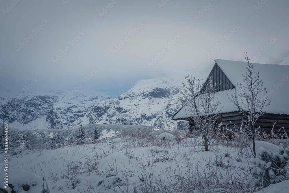 Fototapeta premium Dark December day in High Tatras, Poland. Old wooden mountain chalet in Hala Gąsienicowa Valley. Selective focus on the exterior of the building, blurred background.