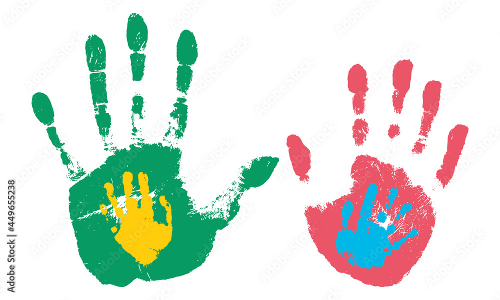 Hand prints of family. Texture of handprints of mother, father and two children. Human fingers and palm of hands. Vector illustration Hand prints of family. Texture of handprints of mother, father and two children. Human fingers and palm of hands. Vector illustration