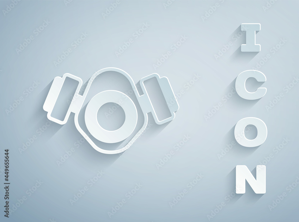 Paper cut Gas mask icon isolated on grey background. Respirator sign. Paper art style. Vector Paper cut Gas mask icon isolated on grey background. Respirator sign. Paper art style. Vector