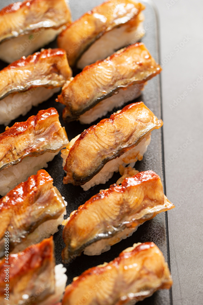 Seasoned eel sushi on a plate