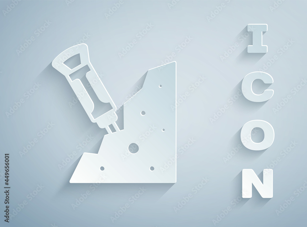 Paper cut Construction jackhammer and stone icon isolated on grey background. Paper art style. Vector Paper cut Construction jackhammer and stone icon isolated on grey background. Paper art style. Vector