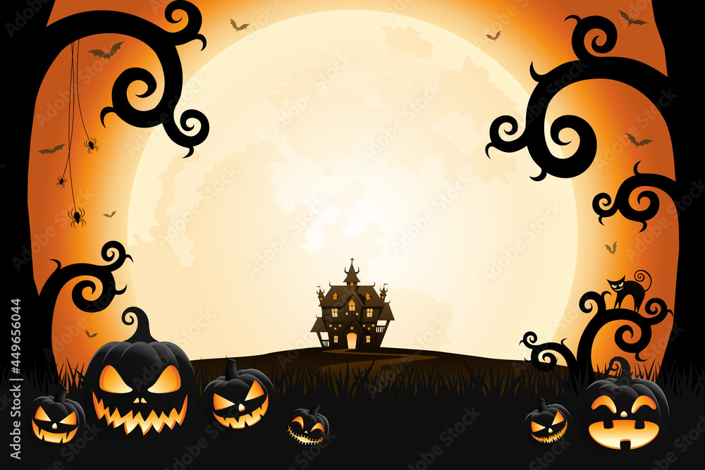 Halloween scary pumpkin faces, spooky trees and haunted house with moonlight on orange background. Halloween scary pumpkin faces, spooky trees and haunted house with moonlight on orange background.