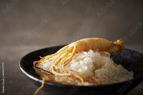 Ripe rice and ginseng in a ceramic bowl