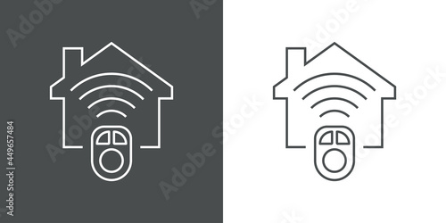 Sistemas inteligentes para el hogar. Logotipo silueta de casa con control remoto y ondas inalámbricas con lineas en fondo gris y fondo blanco