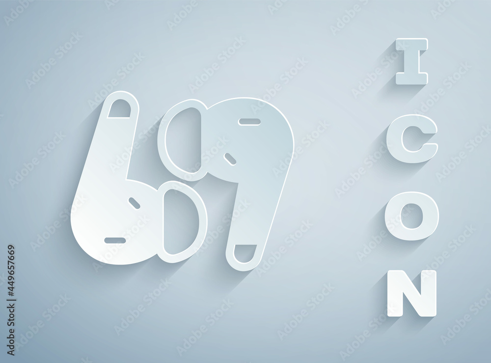 Paper cut Air headphones icon icon isolated on grey background. Holder wireless in case earphones garniture electronic gadget. Paper art style. Vector Paper cut Air headphones icon icon isolated on grey background. Holder wireless in case earphones garniture electronic gadget. Paper art style. Vector