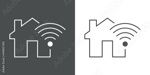 Sistemas inteligentes para el hogar. Logotipo silueta de casa con ondas inalámbricas con lineas en fondo gris y fondo blanco