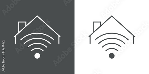 Sistemas inteligentes para el hogar. Logotipo silueta de casa con ondas inalámbricas con lineas en fondo gris y fondo blanco