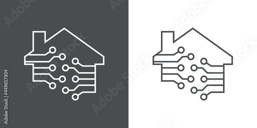 Tecnología electrónica. Casa con circuito digital con lineas en fondo gris y fondo blanco