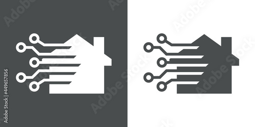 Tecnología electrónica. Casa con circuito digital con lineas en fondo gris y fondo blanco