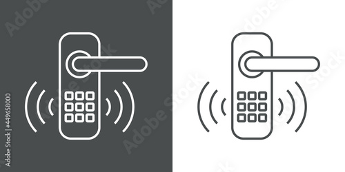 Cerradura de puerta NFC. Cerradura de puerta con teclado y olas con lineas en fondo gris y fondo blanco