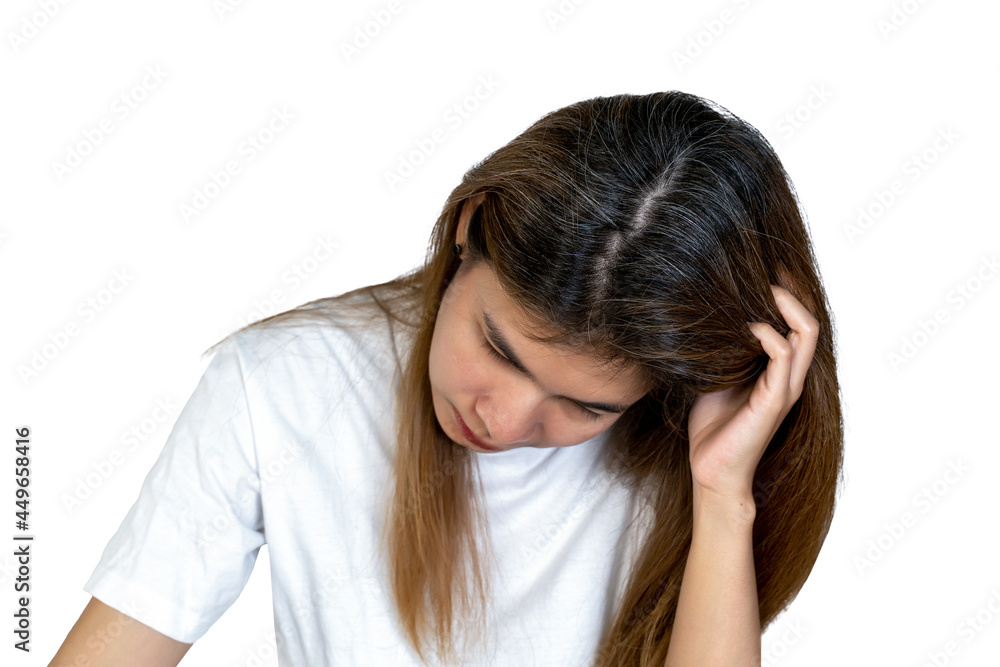Young woman serious and stressed and hold the head with hand effected to headache and gray hair on white background Young woman serious and stressed and hold the head with hand effected to headache and gray hair on white background