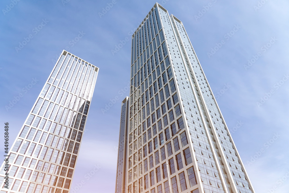 Architectural details of modern apartment building. Blue curtain wall made of toned glass and steel constructions under blue sky. Glass facades on bright sunny day Architectural details of modern apartment building. Blue curtain wall made of toned glass and steel constructions under blue sky. Glass facades on bright sunny day