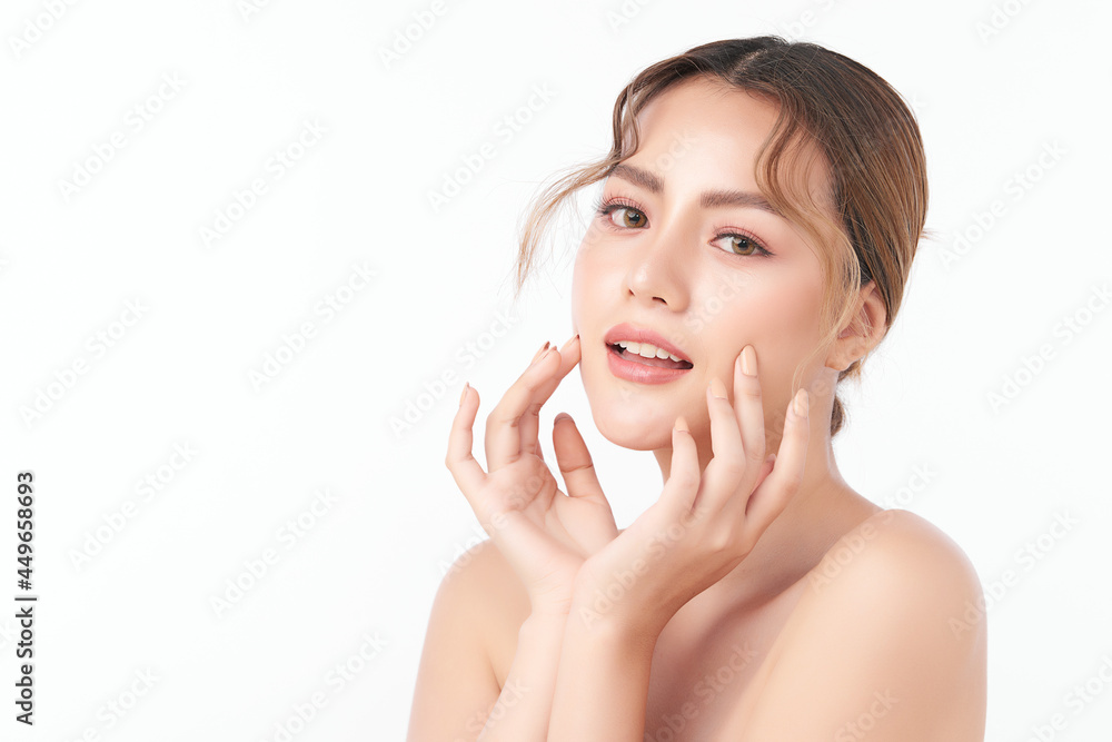 Beautiful young asian woman with clean fresh skin on white background, Face care, Facial treatment, Cosmetology, beauty and spa, Asian women portrait.