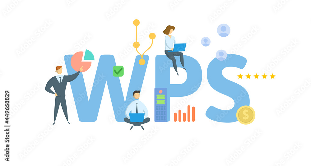 WPS, Wi-Fi Protected Setup. Concept with keywords, people and icons. Flat vector illustration. Isolated on white.