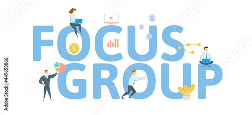 Focus Group. Concept with keywords, people and icons. Flat vector illustration. Isolated on white.