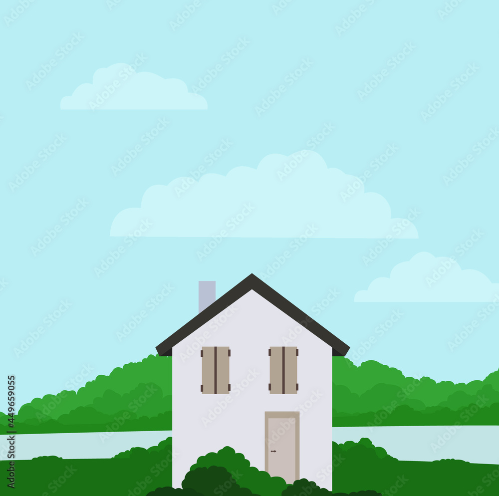 Flat style house on a green meadow by the river. Light drawing of nature. Beautiful and calm landscape. A farmhouse off the beaten track. Design for cards, posters, backgrounds, textiles, templates. Flat style house on a green meadow by the river. Light drawing of nature. Beautiful and calm landscape. A farmhouse off the beaten track. Design for cards, posters, backgrounds, textiles, templates.