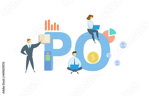 PO, Post Office, Purchase Order. Concept with keyword, people and icons. Flat vector illustration. Isolated on white.
