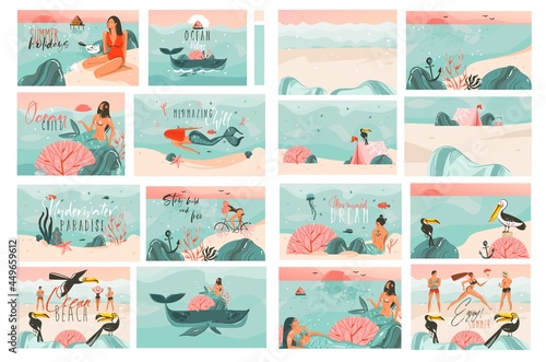 Hand drawn vector abstract stock graphic summer time cartoon, contemporary illustrations prints bundle collection set with beach surfers group characters,mermaids and family beach scenes backgrounds.