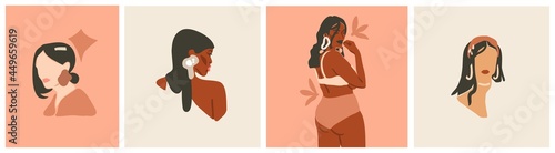 Hand drawn vector abstract stock flat graphic contemporary art,aesthetic fashion illustrations collection set with bohemian,beautiful modern collage female posters in minimal style.