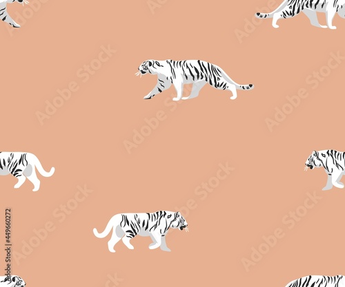 Hand drawn vector abstract stock modern graphic illustrations safari bohemian contemporary seamless pattern print with exotic wild tigers animals striped texture in pastel colors.