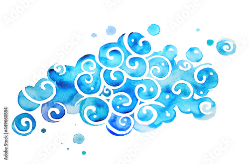Wind blowing watercolor motion illustration. Blue cloud air spiral meteo atmosphere changing sky