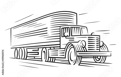 Old retro truck monochrome illustration. Vector. 