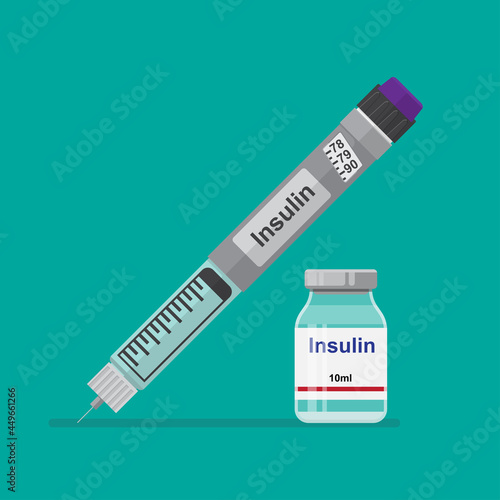 Insulin pen syringe and insulin vial isolated on white background vector illustration. photo