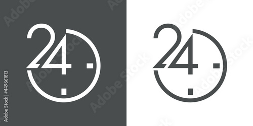 Servicio 24 horas. Logotipo con 24 en esfera de reloj simple con lineas en fondo gris y fondo blanco