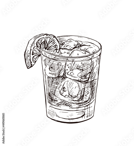 Alcoholic cocktail. Whiskey with ice and lemon. Hand drawn sketch. Vector graphic illustration for design menu, posters.