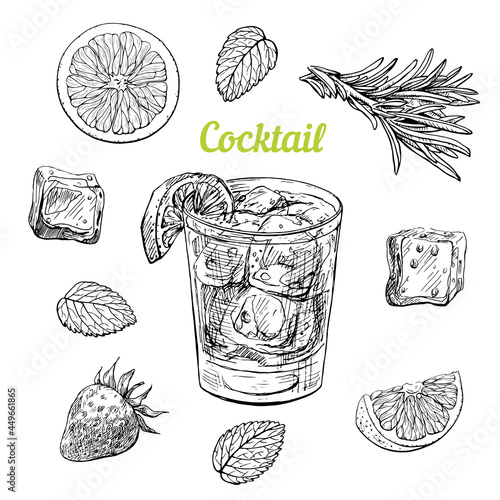 Set of elements for a cocktail, mint,lemon, strawberry, rosemary. A glass of alcoholic drink with ice and lime. Hand drawn sketch. Vector graphic illustration for design, menu,poster.