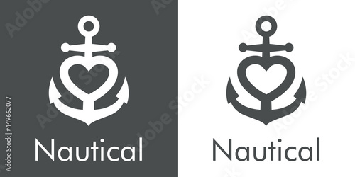 Logotipo con texto Nautical y ancla de barco con forma de corazón en fondo gris y fondo blanco