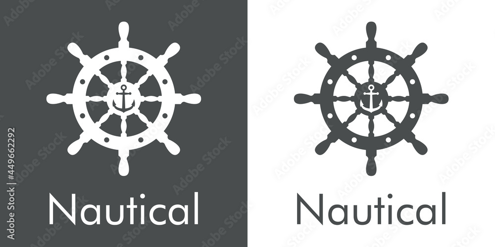 Logotipo con texto Nautical y ancla con timón de barco en fondo gris y fondo blanco 