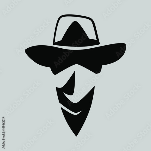 Cowboy masked outlaw portrait symbol on gray backdrop. Design element