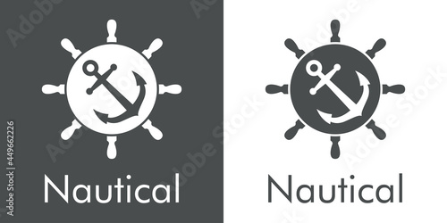 Logotipo con texto Nautical y ancla con timón de barco en fondo gris y fondo blanco