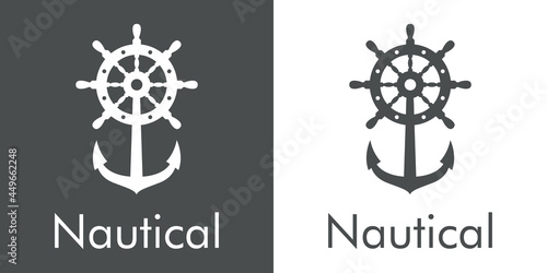 Logotipo con texto Nautical y ancla con timón de barco en fondo gris y fondo blanco