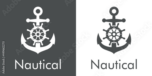Logotipo con texto Nautical y ancla con timón de barco en fondo gris y fondo blanco