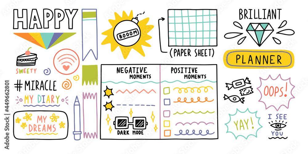 Naklejka premium Diary bullet cute journal border elements. Note icon, sticker for school. Vector illustration