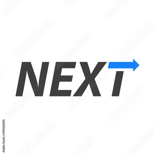 Logotipo con palabra Next con flecha con forma de letra T en color gris y azul