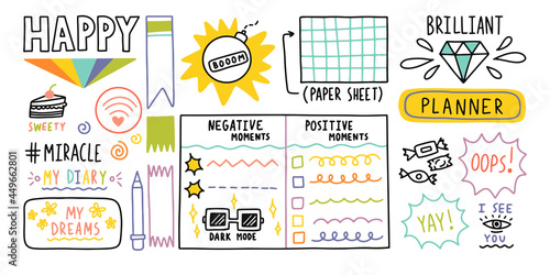 Diary bullet cute journal border elements. Note icon, sticker for school. Vector illustration